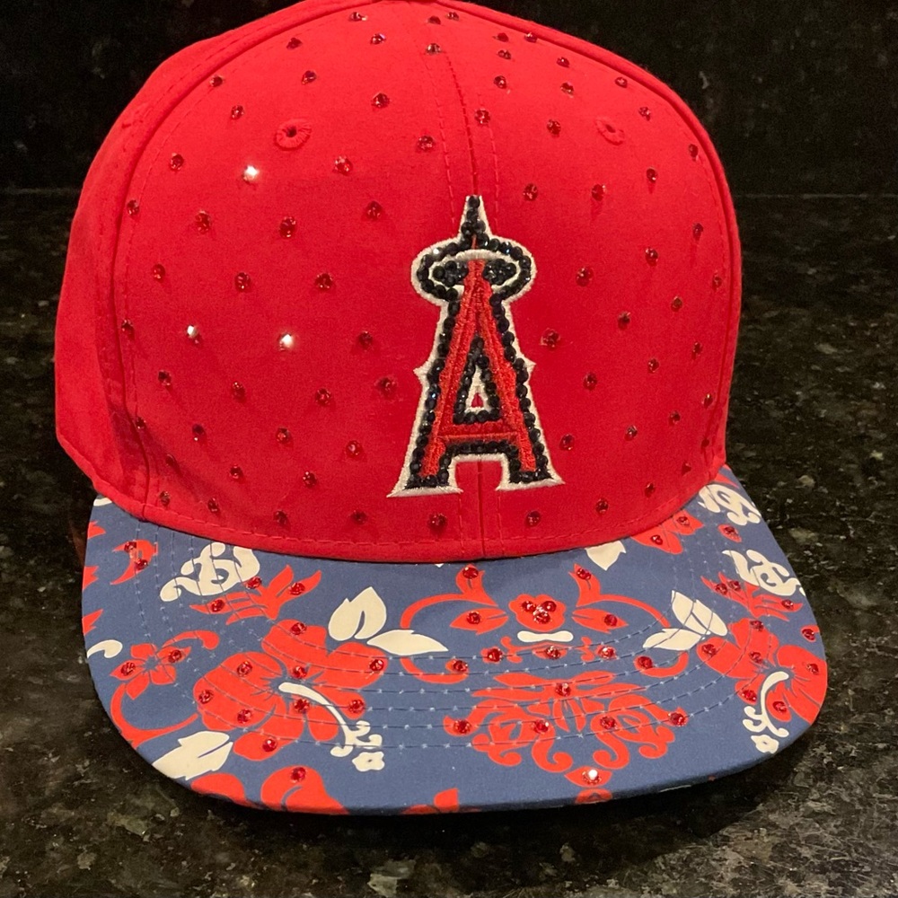 Los Angeles Angels floral baseball cap hat Velcro strap SWAVORSKI Rhinestones